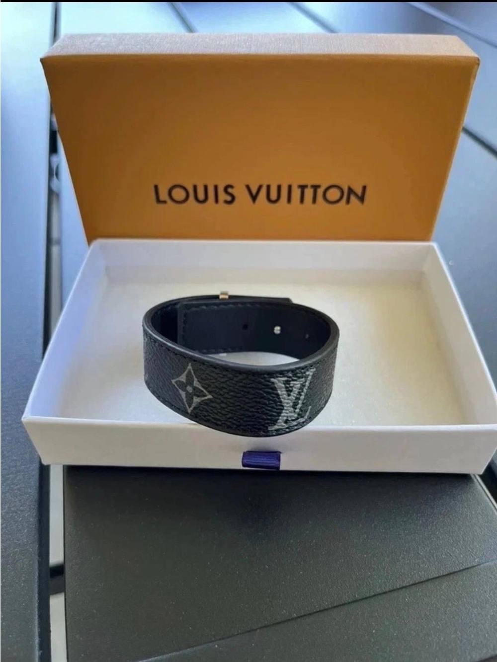 Louis Vuitton Black and Silver Monogram Cuff Bracelet